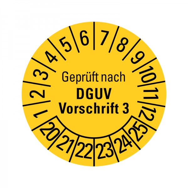 Prfplaketten - Geprft nach DGUV Vorschrift 3 - 20 mm - Geprft nach DGUV Vorschrift 3 - 2020-2025 - Gelb