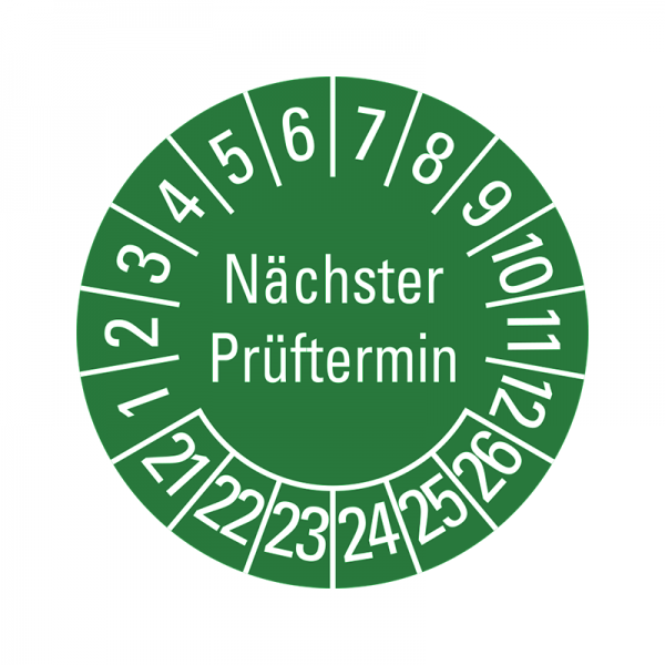 Prfplaketten - Nchster Prftermin - 20 mm - 2021-2026 - Nchster Prftermin - Grn