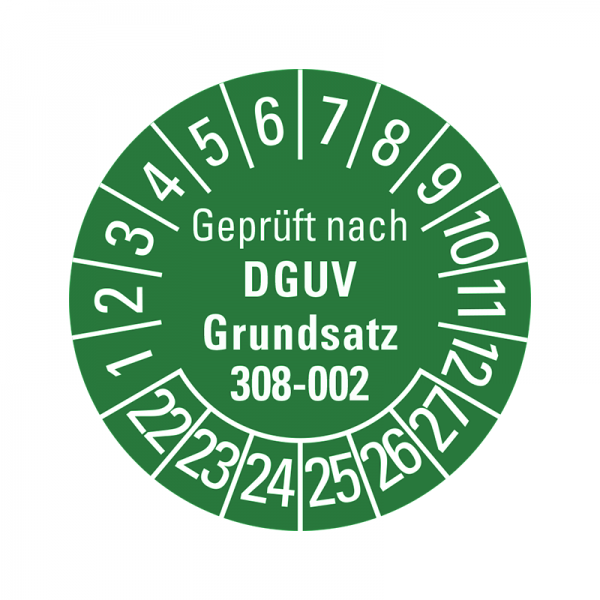 Prfplaketten - Geprft nach DGUV Grundsatz 308-002 - 30 mm - Geprft nach DGUV Grundsatz 308-002 - 2022-2027 - Grn