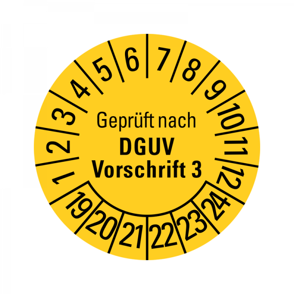 Prfplaketten - Geprft nach DGUV Vorschrift 3 - 20 mm - Geprft nach DGUV Vorschrift 3 - 2019-2024 - Gelb