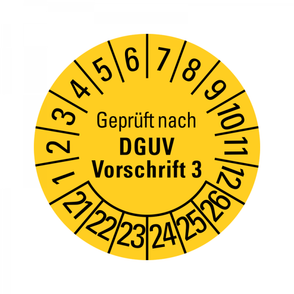 Prfplaketten - Geprft nach DGUV Vorschrift 3 - 20 mm - Geprft nach DGUV Vorschrift 3 - 2021-2026 - Gelb