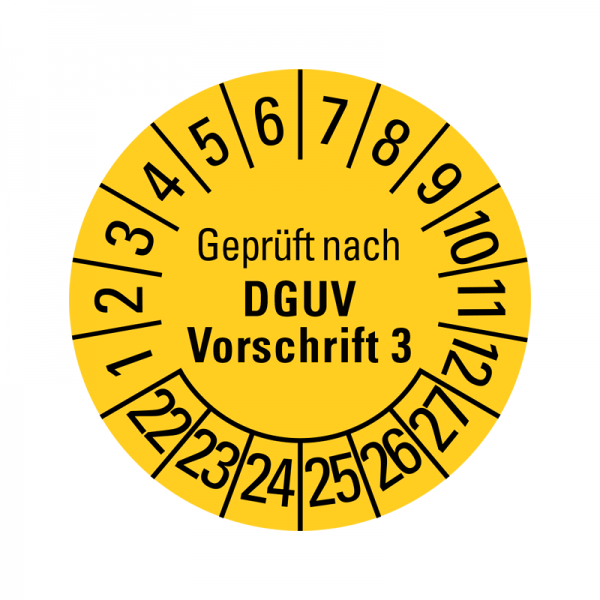 Prüfplaketten - Geprüft nach DGUV Vorschrift 3 - 20 mm - Geprüft nach DGUV Vorschrift 3 - 2022-2027 - Gelb