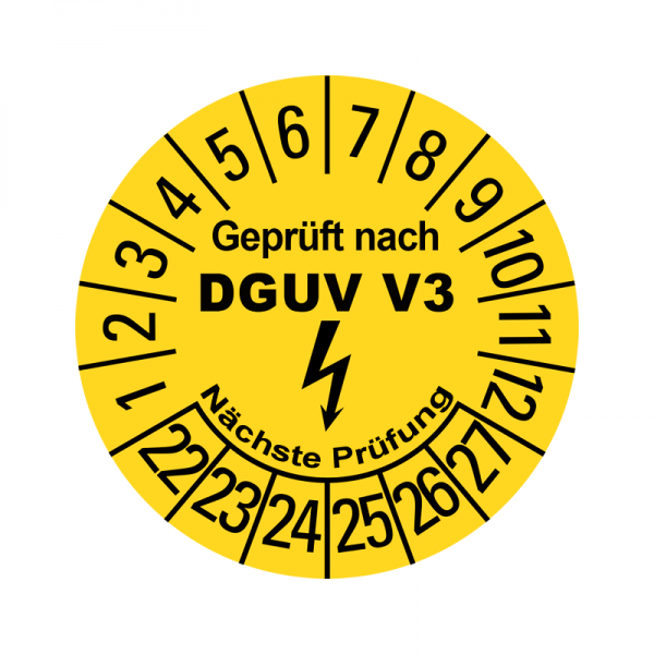 Prfplaketten - Geprft nach DGUV Vorschrift 3 - Elektro - Gelb - 20 mm - Geprft nach DGUV Vorschrift 3 - 2022-2027