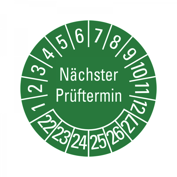 Prüfplaketten - Nächster Prüftermin - 20 mm - 2022-2027 - Nächster Prüftermin - Grün